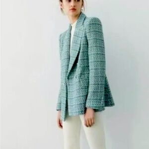 ZARA tweed blue green blazer with silver metal buttons in size small.